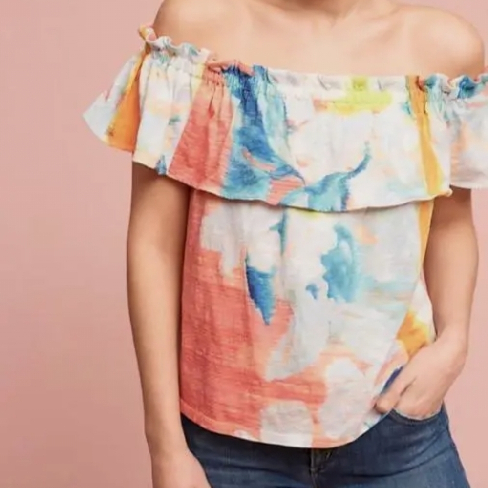 Anthropologie Meadow Rue Effervesce Off Shoulder Top Size XS Multicolor Cotton.